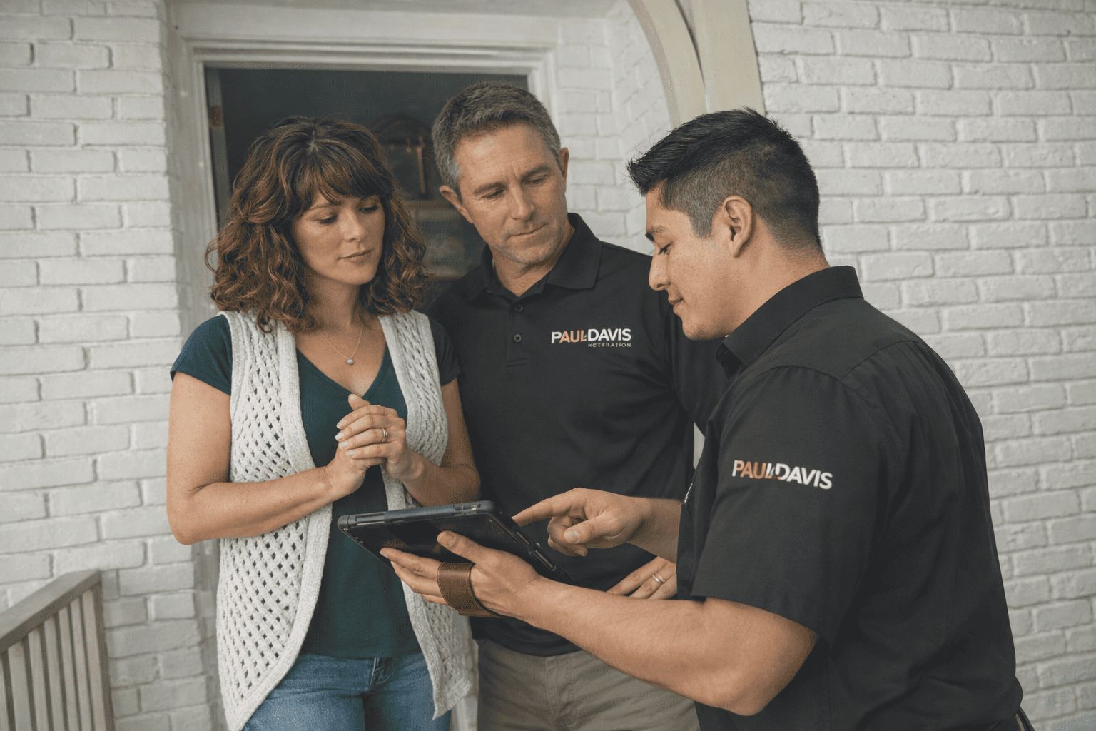 Paul Davis Restoration of the Delmarva Peninsula team reviewing restoration plans with homeowners during a property damage inspection and insurance claims consultation